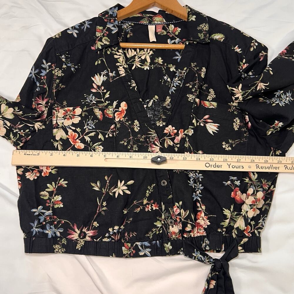 Anthropologie Pilcro Top Size L Black Floral Cropped Waist-tie Linen Blend Fall - Picture 9 of 14